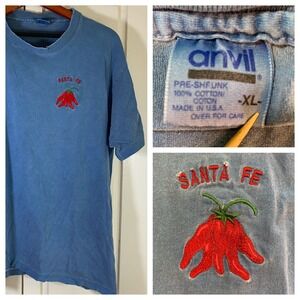 Vintage Anvil Santa Fe Chili Pepper Tee XL Blue‎ USA Made Distressed Embroidered